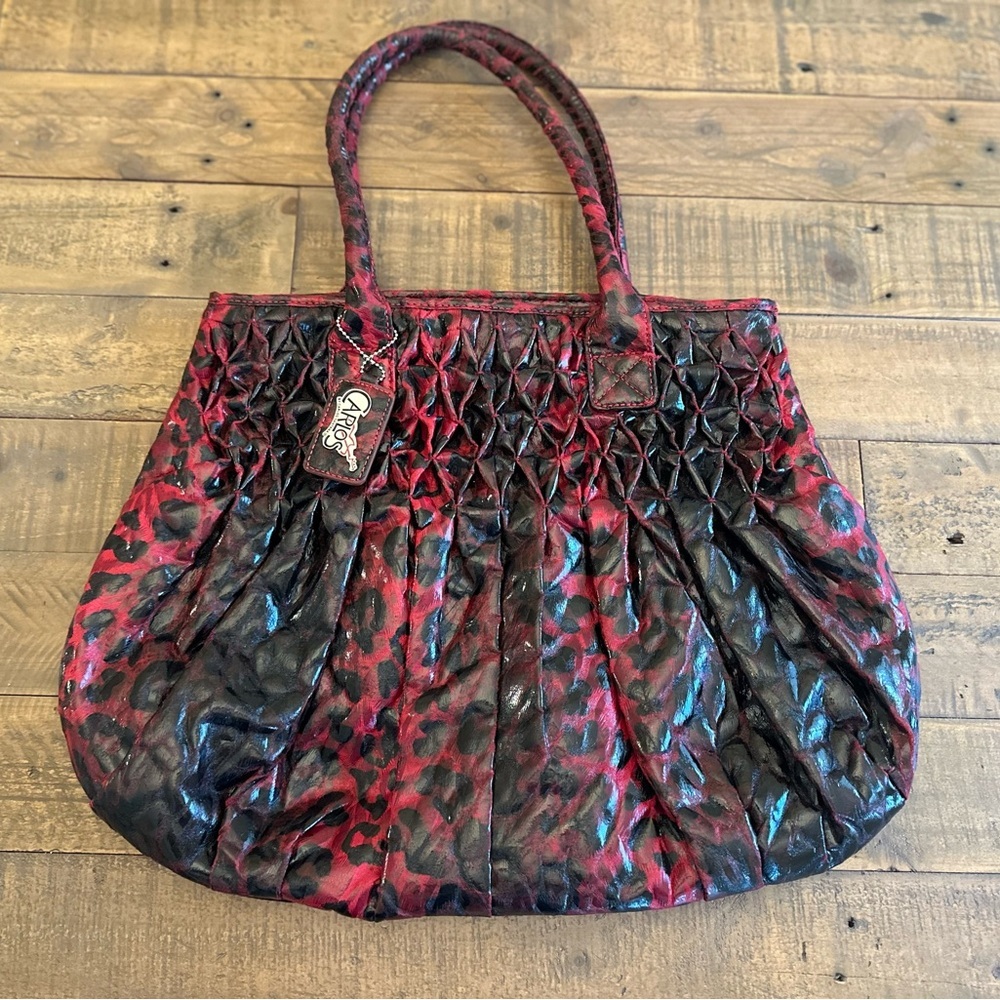 Carlos Purse‎ Tote Hand Bag Red Black Leopard Print Faux Leather